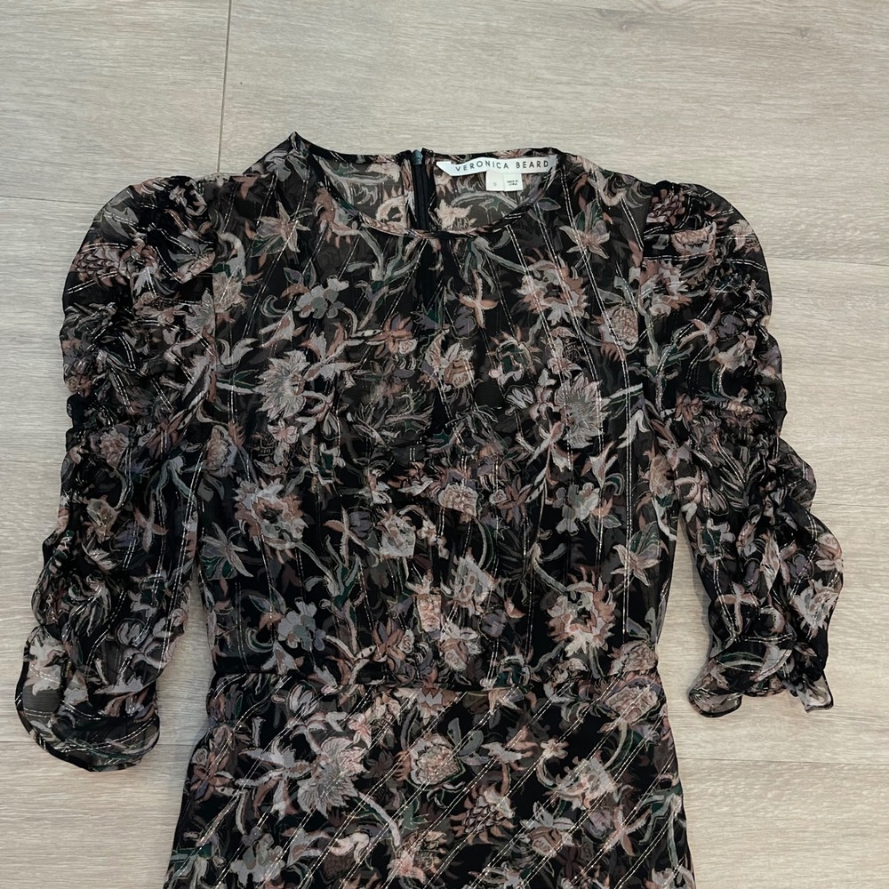 Veronica Beard Mitjana Floral Silk Dress Size 0 Black Ruched Sleeve Midi Chic - Picture 4 of 16